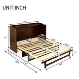 KMBOHE Queen Size Murphy Cabinet Bed with Storage Drawer, Farmhouse Style Pine Wood Wall Bed with Rattan Decoration, Space Saving Folding Bed for Apartment, Guest Room and Office, Walnut KMBOHE