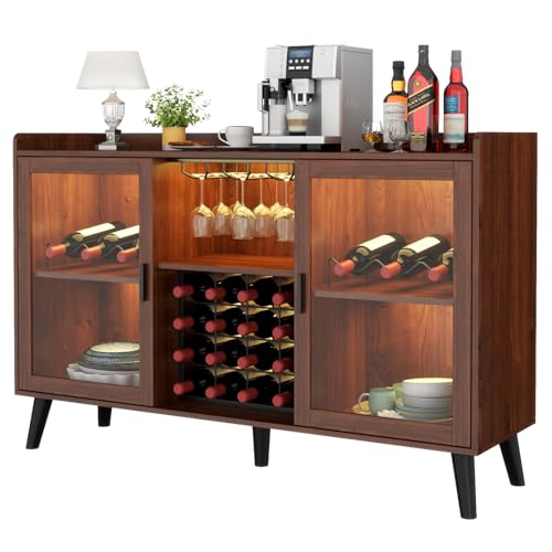 Auromie Wine Bar Cabinet with Led Light, Home Coffee Cabinet with Wine and Glass Rack, Kitchen Buffet Sideboard with Storage Shelves, Freestanding Liquor Cabinet for Living Room, Dining Room (Walnut)