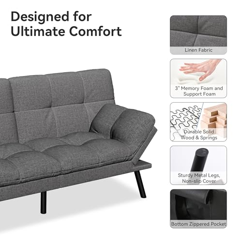 Vipbear Convertible Futon Sofa Bed,Grey Linen Futon Couch with Detachable Cushion,Adjustable Backrest & Armrest,Modern Small Recliner Loveseat Sleeper Couch for Living Room,Office,Apartment Vipbear