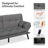 Vipbear Convertible Futon Sofa Bed,Grey Linen Futon Couch with Detachable Cushion,Adjustable Backrest & Armrest,Modern Small Recliner Loveseat Sleeper Couch for Living Room,Office,Apartment Vipbear