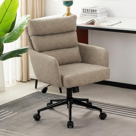 BALIAA Leather Home Office Desk Chair, Small Comfy Faux Leather Office Chair with Wheels, Modern Adjustable Swivel Desk Chair with Back Support & Black Swivel Base for Home, Bedroom, Study, Beige BALIAA