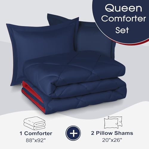 Basic Beyond Queen Navy and Red Comforter Set - 1 Comforter (88"x92") and 2 Pillow Shams (20"x26"+2") Basic Beyond