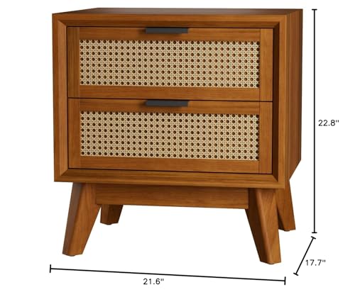 Bme Jasper Deluxe Solid Wood Rattan Nightstand Fully Assembled-Mid Century Modern Side Table with 2 Drawers-Multipurpose use for Living Room, Bedroom-Dark Chocolate Bme