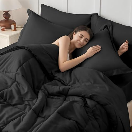 JOLLYVOGUE Twin Comforter Set, Ultra-Soft Bed in a Bag Twin Size 5 Pieces, Oeko-TEX Certified Bedding Set with Down Alternative Comforter, Sheets, Pillowcases & Shams, Black JOLLYVOGUE