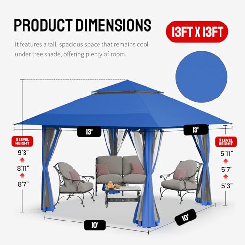 CROWN SHADES 13x13 Pop Up Gazebo, Canopy Tent, Gazebos on Clearance - Outdoor Gazebo for Backyard & Patio Furniture - Carpa Pop Up Tent with Wheeled STO-N-Go Cover Bag (Blue) CROWN SHADES