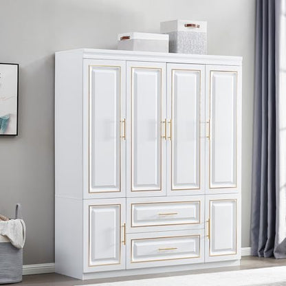 ModMakers 74" H 4 Doors 2Drawers White Bedroom Wardrobe Armoire Closet, Freestanding Bathroom Armoire Cabinet with Hanging Rod Shleves, Large Wooden Bedroom Clothes Storage Organizer