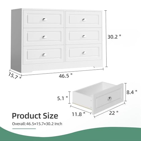 Shintenchi Dresser for Bedroom with 6 Drawers,Double Dresser & Chest of Drawers Wooden Organizer with Metal Handle, Storage TV Stand for Living Room,White Shintenchi