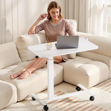 COMHOMA Adjustable Overbed Bedside Table with Lockable Wheels, Pneumatic Mobile Standing Laptop Desk, Small Standing Desk Portable Rolling Overbed Table Hospital Home Use(32" W x 18" D, White) COMHOMA