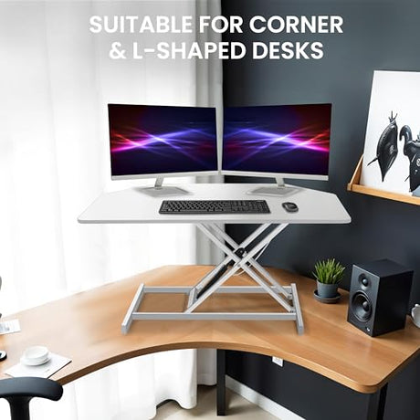 Aconcept 32 inch White Corner Height Adjustable Standing Desk Converter, One-Click Sit to Stand up Desk Riser, Pre-Assembled Dual Monitor and Laptop Workstation Aconcept
