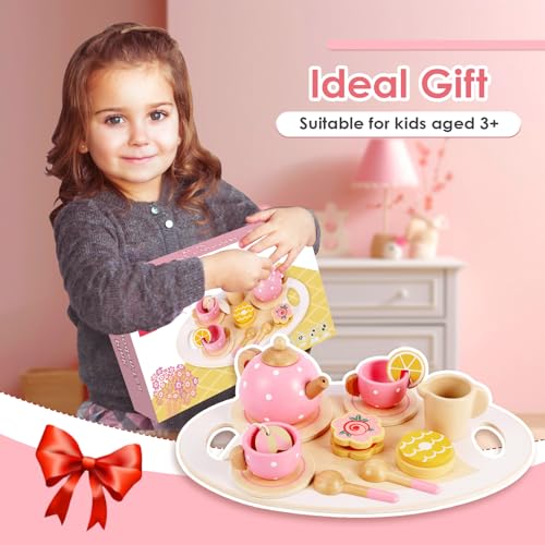 BUYGER Wooden Tea Party Set for Toddlers Little Girls with Tea Cup Teapots Food Tray Pretend Play Kitchen Accessories Cafe Toys Gifts for Ages 3-5 3 4 5 Years Old Buyger