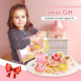 BUYGER Wooden Tea Party Set for Toddlers Little Girls with Tea Cup Teapots Food Tray Pretend Play Kitchen Accessories Cafe Toys Gifts for Ages 3-5 3 4 5 Years Old Buyger