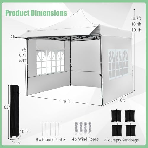 Tangkula 10x10 FT Pop Up Canopy, Outdoor Tent with 3 Sidewalls & Awning, Wheeled Bag, 4 Sandbags, 8 Stake, 4 Ropes, Portable Canopy Tent for Party Picnic Event Beach Camping (White) Tangkula