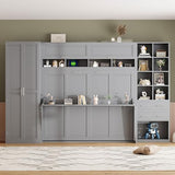 Merax Queen Murphy Bed with Tall 90.6" Closet Wardrobe & Shelves & Drawers, All-in-One Multi-Storage Side Flip Wood MDF Murphy Cabinet Bed Desk, Open/Close Hydraulically (Gray) Merax