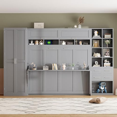 Merax Queen Murphy Bed with Tall 90.6" Closet Wardrobe & Shelves & Drawers, All-in-One Multi-Storage Side Flip Wood MDF Murphy Cabinet Bed Desk, Open/Close Hydraulically (Gray) Merax