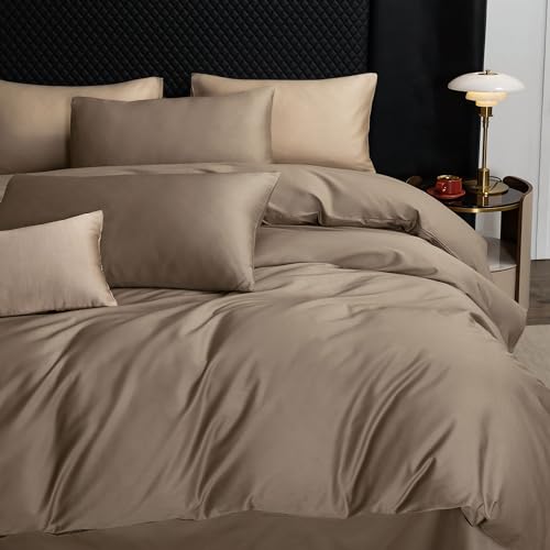 MooMee Duvet Cover Set 100% Extra Long Staple Cotton 600 Thread Count Silky Sateen Smooth Luxury Soft Breathable Durable Hotel Quality Bedding, 3 Pieces (Mocha Brown, Queen 90"x90") MooMee