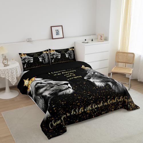 3D Lion Couple Comforter Set Queen Size,Golden Glitter King and Queen Crown Bedding Set for Kids Girls Women Men Bedroom Decor,African Wild Animals Quilt Set Valentine's Day Duvet Insert,Black Castle Fairy