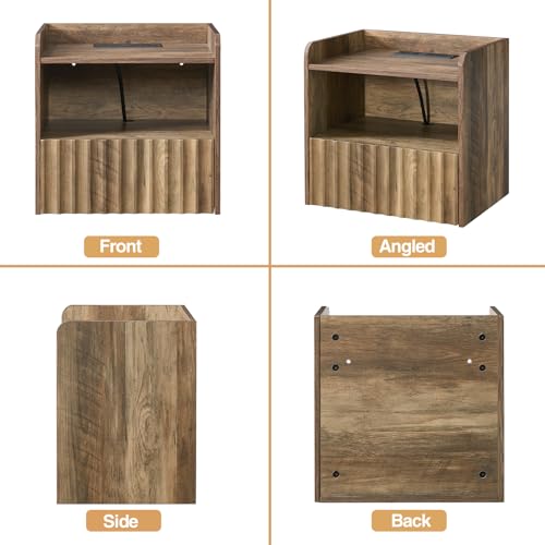BuildHom Modern Fluted Floating Nightstand Wall Mounted Set of 2- Bedside Table with Storage Drawer & Display Shelf, Minimalist Bedroom Furniture for Studio Apartments(Rustic Brown) BuildHom