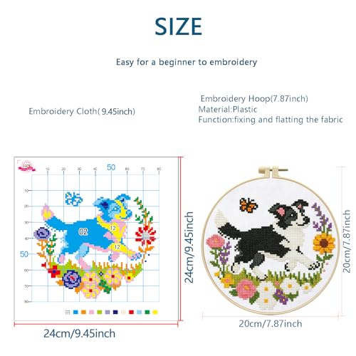 Zhenqing Collie Dog Cross Stitch Kit with Floral Garden, 11CT Printed 24x24cm, Beginner Embroidery Set Including 20cm Hoop(70795)