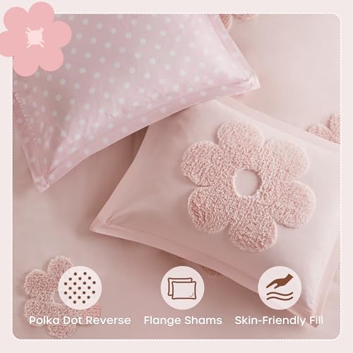 Intelligent Design Kids Queen Duvet Cover Set for Girls, Tufted Chenille Floral Duvet Set Queen, Lightweight Polka Dot Duvet Reversible Bedding Cover, Sham, Pillow, Gracie, Full/Queen Pink 3 Piece Intelligent Design