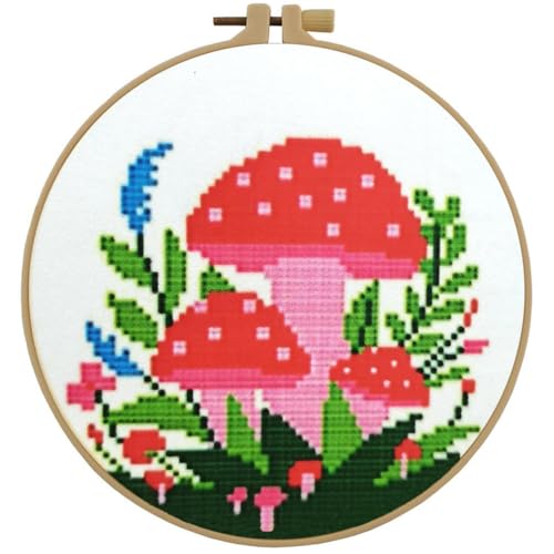 Stamped Cross Stitch Kit for Adult Beginner Easy Starter Cross Stitch Set with Pre-printed Mushroom Flower Plant Pattern Embroidery Cloth Floss Hoop and Instructions Fun Needlepoint Project Kit