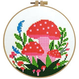 Stamped Cross Stitch Kit for Adult Beginner Easy Starter Cross Stitch Set with Pre-printed Mushroom Flower Plant Pattern Embroidery Cloth Floss Hoop and Instructions Fun Needlepoint Project Kit