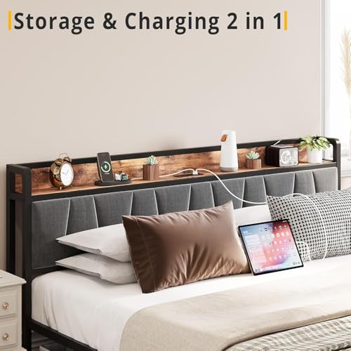 LIKIMIO King Size Bed Frame, Storage Headboard with Charging Station, Platform Bed with Drawers, No Box Spring Needed, Easy Assembly, Industrial Brown and Gray LIKIMIO