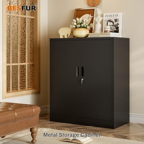 BESFUR Metal Garage Storage Cabinet with 2 Locking Doors and 2 Adjustable Shelves, 36" Black Metal Short Storage Cabinet for Home Office,Garage,School,Utility Room BESFUR