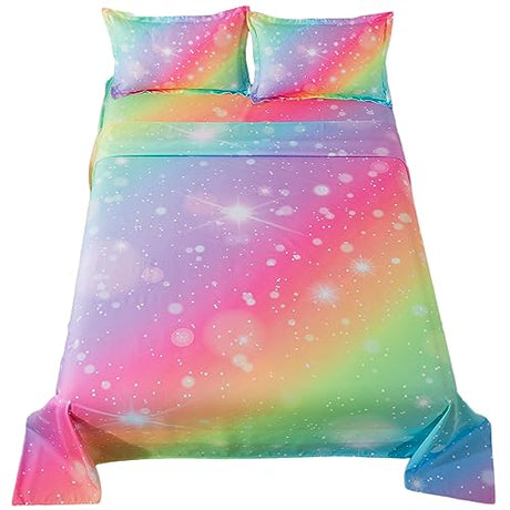 ADASMILE A & S Rainbow Fitted Bed Sheet for Kids 4 Pieces Rainbow Sheets Queen for Girls Pink Glitter Tie Dye Pastel Bed Set (1 Flat Sheet + 1 Deep Pocket Fitted Sheet and 2 Pillowcases) Bedroom Decor ADASMILE A & S