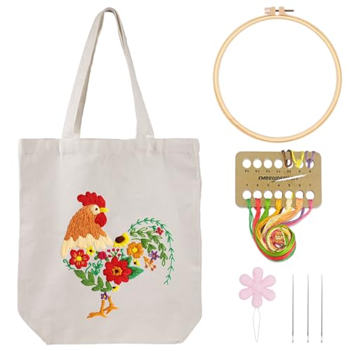 Louise Maelys Embroidery Kit Canvas Tote Bag for Beginners,Cross Stitch Kits for Adults,DIY Needlepoint Include Rooster and Flower Pattern,Women Shopping Reusable Grocery Bags