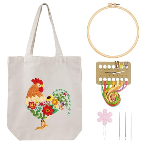 Louise Maelys Embroidery Kit Canvas Tote Bag for Beginners,Cross Stitch Kits for Adults,DIY Needlepoint Include Rooster and Flower Pattern,Women Shopping Reusable Grocery Bags Louise Maelys