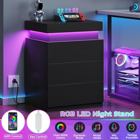 BTHFST LED Nightstands Set of 2,Night Stands for Bedroom Set of 2,Nightstand with Charging Station and Sliding Top,Bedside Table with Power Outlets & Drawers,Modern End Side Table (Black) BTHFST