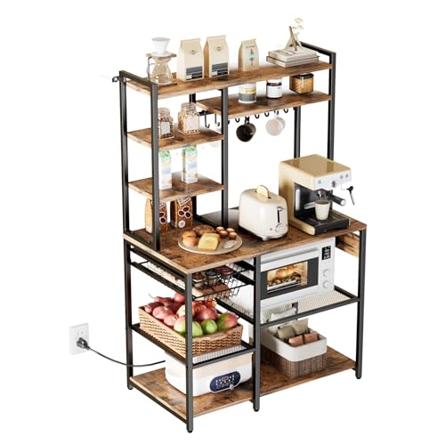 VEVOR Kitchen Bakers Rack with Power Outlets, 35.4x15.7x70.9 Inch Microwave Stand with Built-in Power Strip & 5 Ft Cord, 10 S-Shaped Hooks, for Dish Storage, Spice Jars, Coffee Bar Organization