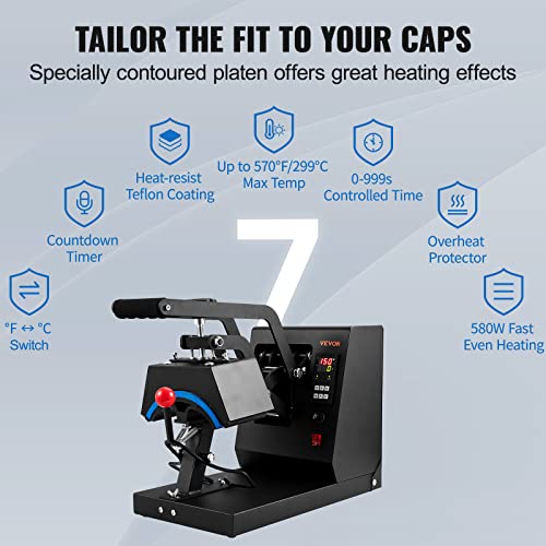 VEVOR Hat Heat Press with 4pcs Interchangeable Platens(6"x3"/6.7"x2.7"/6.7"x3.8"/8.1"x3.5"), Cap Heat Press for Stuctured Hats, Rigid Steel Frame No Stick Digital LCD Timer and Temperature Control