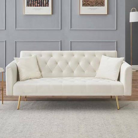 71" Modern Velvet Sofa Bed Futon, Convertible Sleeper Couch with Adjustable Backrest, Tufted Recliner Loveseat with Golden Chrome Legs & 2 Pillows for Small Spaces, Living Room, Apartment (Beige) Generic