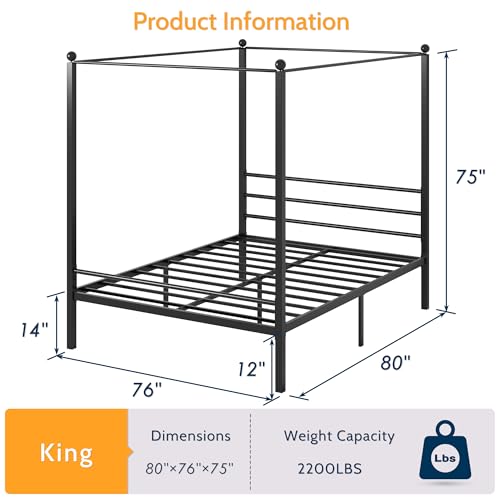 Lutown-Teen King Size Canopy Bed Frame, Four Poster Metal Canopy King Size Bed Frame, Heavy Duty Mattress Foundation with Underbed Storage, No Box Spring Needed, Easy Assembly, Black