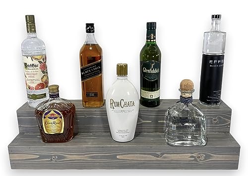 Tiered Bottle Shelf | 2 Tier Liquor Bottle Display | Bar Organization | Display Shelf | Wine Shelf | Bar Display | Kitchen Counter Shelf (12, Black) - WoodArtSupply