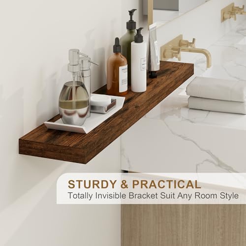 Fun Memories 55 Inch Fireplace Mantel Shelf -Long Floating Shelf, Wall Mounted Farmhouse Display Shelf with Invisible Heavy Duty Metal Bracket, Brown Fun Memories