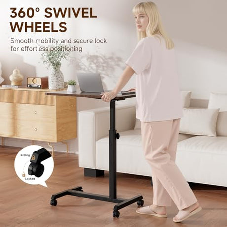 GTPLAYER Small Standing Desk, 24 Inches Mobile Foldable Rolling Laptop PC Table with Lockable Casters, Adjustable Height Overbed Bedside Table Computer Workstation for Home Office, Walnut GTPLAYER