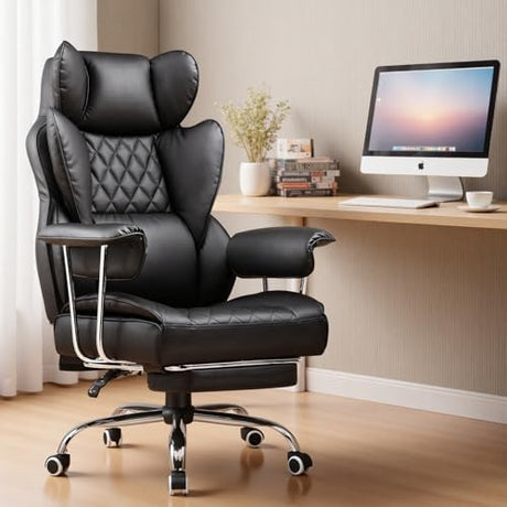 COMHOMA Big and Tall Office Chair, High Back Leather Gaming Chair with Footrest, Executive Ergonomic Office Chair with Pocket Spring Lumbar Support and with Outward Fixed Soft Armrests COMHOMA