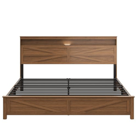 madeslves Farmhouse Wooden Bed Frame King Size with Storage Headboard, Boho Platform Bedframe with LED Lights and Charging Station, Metal Slats Support, No Box Spring Needed, Deep Brown madeslves