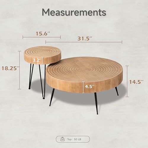 COZAYH 2-Piece Modern Farmhouse Living Room Coffee Table Set, Nesting Table Round Natural Finish with Handcrafted Wood Ring Motif, Wood Colour COZAYH