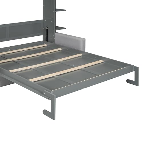Merax Queen Size Murphy with Sofa and Shelves for Bedroom or Guestroom Wall Bed Space Saving Hidden Bed,No Need Fix to The Wall,Gray Merax