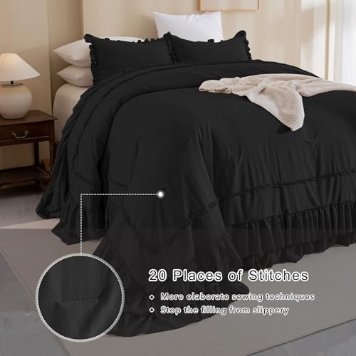 QSH Oversized King Comforter 128x120,3PCs Black Farmhouse Lightweight Ruffled Bedding Comforter Set Shabby Boho Chic California King Bed Comforter Set French Country Soft Microfiber Fluffy Bed Set QSH