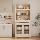 MilleLoom 62" Pantry Cabinet with Storage Drawers, Farmhouse Kitchen Hutch Bar Cabinet with 3-Tier Open Shelf & Microwave Stand, Kitchen Cupboard with Glass Door for Dining/Living Room, Wood MilleLoom