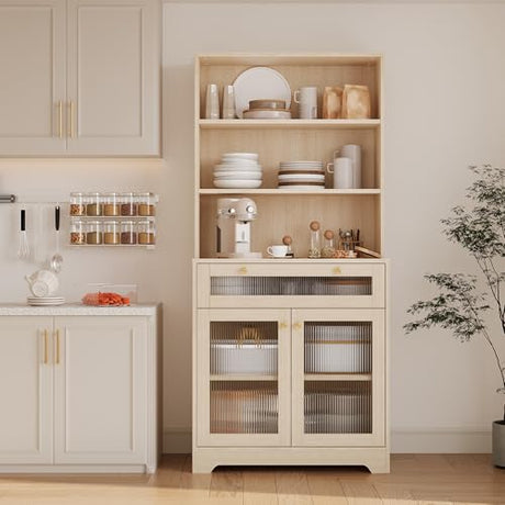 MilleLoom 62" Pantry Cabinet with Storage Drawers, Farmhouse Kitchen Hutch Bar Cabinet with 3-Tier Open Shelf & Microwave Stand, Kitchen Cupboard with Glass Door for Dining/Living Room, Wood MilleLoom