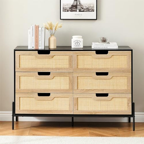 IDEALHOUSE 6 Drawers Dresser for Bedroom, Natural Rattan Drawer with Spacious Storage, Wood Chest of Drawers with Metal Legs for Bedroom, Living Room, Hallway, Entryway (Black, 6 Drawers Dresser) IDEALHOUSE