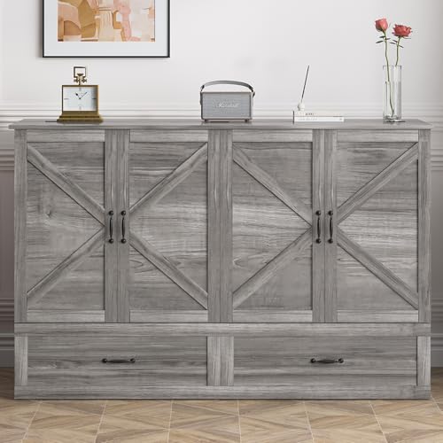 PUREMIND Murphy Bed Queen with Mattress Included, Bedroom Cabinet Beds with USB Charging Station, Murphy Chest Bed with Storage Drawers, Horizontal Wallbed for Guest Room Grey PUREMIND