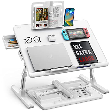 Laptop Bed Tray Table, SAIJI Adjustable Bed Desk for Laptop, Foldable Laptop Stand with Storage Drawer for Eating, Working, Writing, Gaming, Drawing (White, X-Large) SAIJI