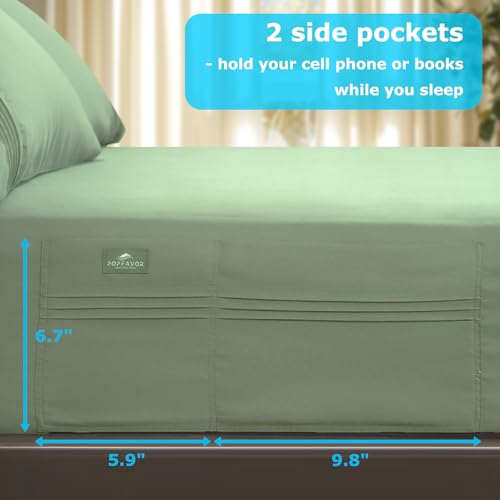 Popfavor Deep Pocket Full Fitted Sheet with Straps - Fits Mattresses Up to 21" Thick - 3 Piece Bed Sheets - Moisture Wicking, Cooling & Soft Fitted Sheet & Pillow Cases (Light Green) Popfavor