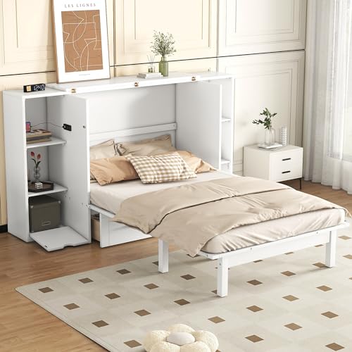 Queen Murphy Bed Wall Bed with Storage and Bookcase Headboard, Solid Wood Murphy Cabinets Bed with Shelves, Drawers and USB Ports, Multi-Function Platform Bed for Home Office, Guest Room - White Harper & Bright Designs